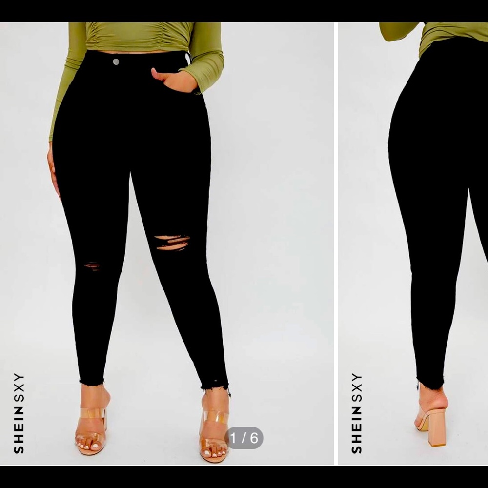 SHEIN SXY Plus High Waist Ripped Raw Hem Jeans